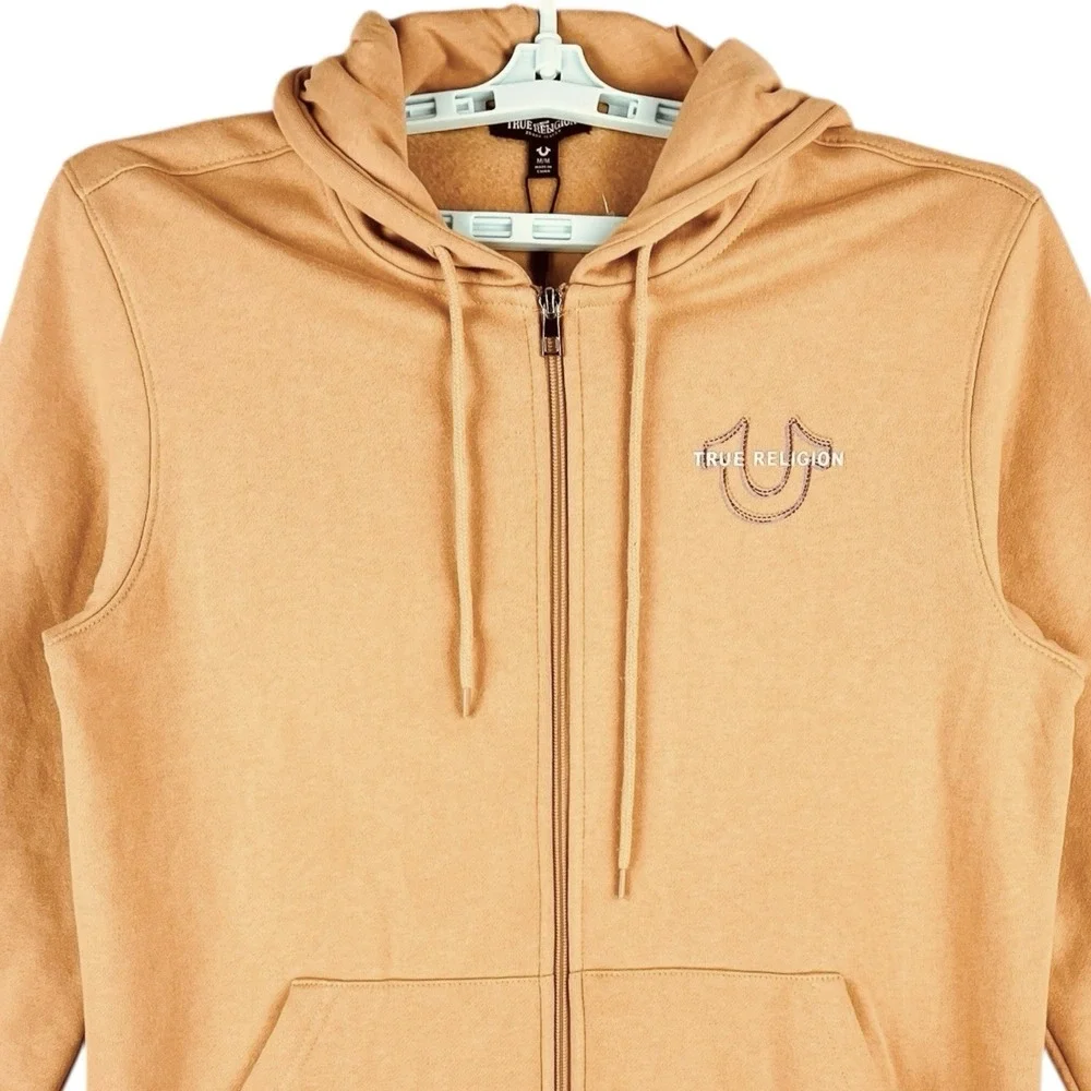 True Religion Mens Logo Back Fleece Zip Hoodie Sweatshirt Sz Medium Oak Buff NWT